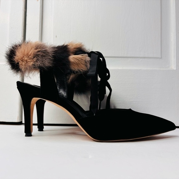 DEE KELLER Velvet Pointed Toe Fur Trim Stiletto Heels Size 7.5 - Picture 5 of 8